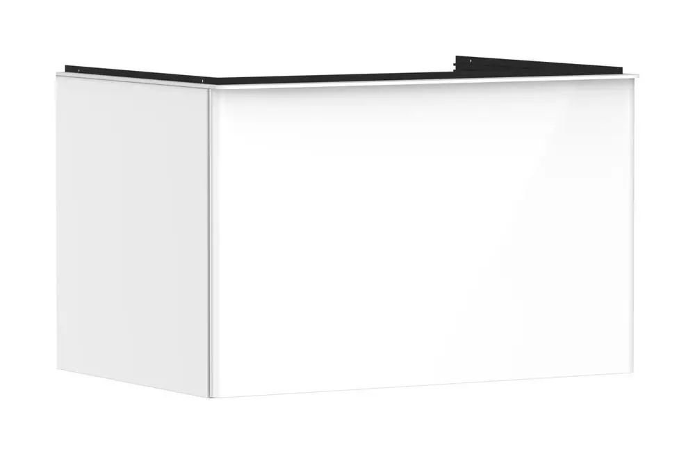 Weißer Waschtischunterschrank mit einer Schublade von Hansgrohe. Glatte Oberfläche, passend für einen Aufsatzwaschtisch.